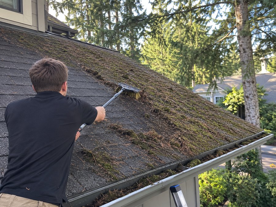 Hand-brushing moss and debris off a roof